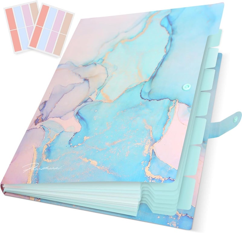 Rihan Expanding File Folder, Folders for Important Documents Organizer, Accordion File Organizer, Aesthetic Folders for School Students, 8 Pockets File Folder for Home Bills (Cyan Gold Marble) - Image 1